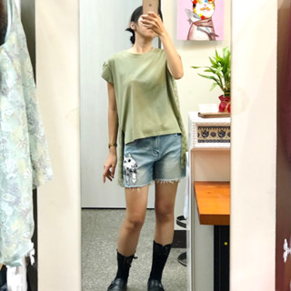 【 歐佳麗服飾 】OLGA LI 軍綠/黑 造型網紗格紋T恤上衣/ 可愛貓咪丹寧短褲 /韓國女裝