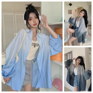 $免運$ 【coolgirl】漸變撞色 條紋上衣 大碼上衣 襯衫女 新中式上衣 扎染寬鬆 150公斤 襯衣外套ins