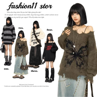 【fashion11】美式慵懶針織毛衣女 圓領套頭毛衣 一字肩毛衣 長袖針織衫 不規則上衣 秋冬毛衣 寬鬆 冬季保暖毛衣