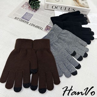 【HanVo】質感素色防滑針織手套 保暖加絨加厚 靈敏觸控 秋冬穿戴 機車族必備 女生配件 C02-8086