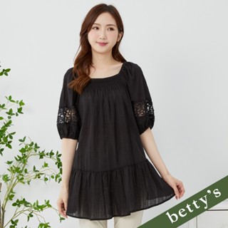 betty’s貝蒂思(35)2WAY鏤空蕾絲拼接皺褶綁帶長版上衣(黑色)