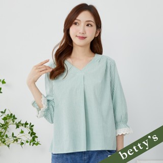 betty’s貝蒂思(35)V領袖口蕾絲格紋長袖上衣(湖水綠)