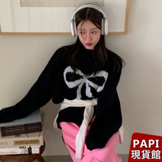 蝴蝶結長版針織上衣【2635】PAPI女裝批發價秋冬新款韓系INS休閒百搭溫柔甜美可愛慵懶寬鬆圓領長袖上衣 針織衫