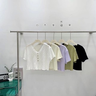 【Fee現貨5色】皺皺木耳邊短袖上衣🔥v領上衣 韓系上衣 設計感上衣 排扣上衣 露鎖骨上衣 木耳邊上衣