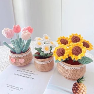 24H臺灣出貨【DIY手工編織花束盆栽】DIY自製材料包 向日葵 玫瑰 小雛菊 手工編織 新手入門款 桌面小擺件 手做品
