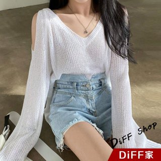 【DIFF】韓版氣質v領露肩寬鬆慵懶針織上衣 毛衣 長袖上衣 女裝 衣服 長袖t恤 冬天女裝 秋冬女裝【W422】
