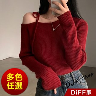 【DIFF】韓版氣質斜肩露肩顯瘦針織上衣 毛衣 長袖上衣 女裝 衣服 發熱衣 保暖上衣 冬裝 過年女裝【W521】