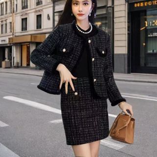 小香風套裝 休閒套裝 兩件套 韓國 秋冬套裝女氣質名媛小香風外套兩件套2023秋冬新版粉色粗花呢套裝 兩件式 韓國 女生
