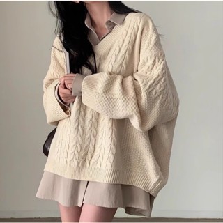 【Joybuy】韓系秋冬溫柔風V領麻花紋寬鬆長袖針織毛衣女裝