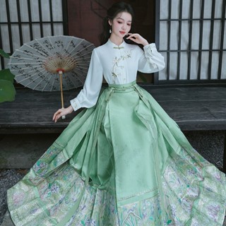 秋季新款 高品質 新中式漢服 馬面裙套裝 中國風女裝 刺繡盤扣國風立領白色長袖上衣 一片式超大擺妝花淺綠色織金馬面裙套裝