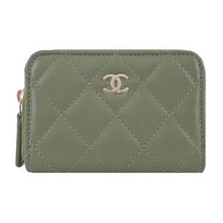 CHANEL 經典雙C LOGO菱格紋小羊皮拉鍊零錢包(墨綠)｜100%原廠真品｜JS Maxx官方旗艦館