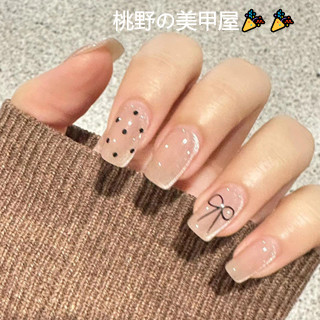 🎀臺灣48H出貨🎀 手工穿戴ins新款冰透玻璃珠貓眼波點蝴蝶結短方赫本高階美甲 穿戴美甲 穿戴甲 美甲貼片 指甲貼片