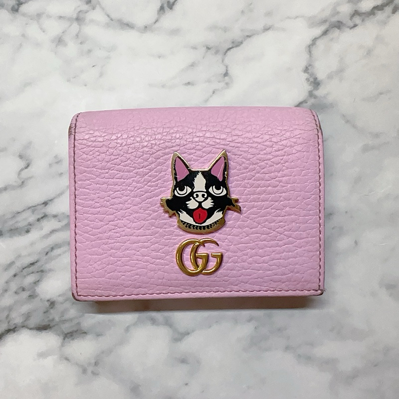 二手gucci波士頓犬荔枝紋粉色短夾 gucci包 gucci短夾 gucci皮夾 gucci錢包 gucci狗