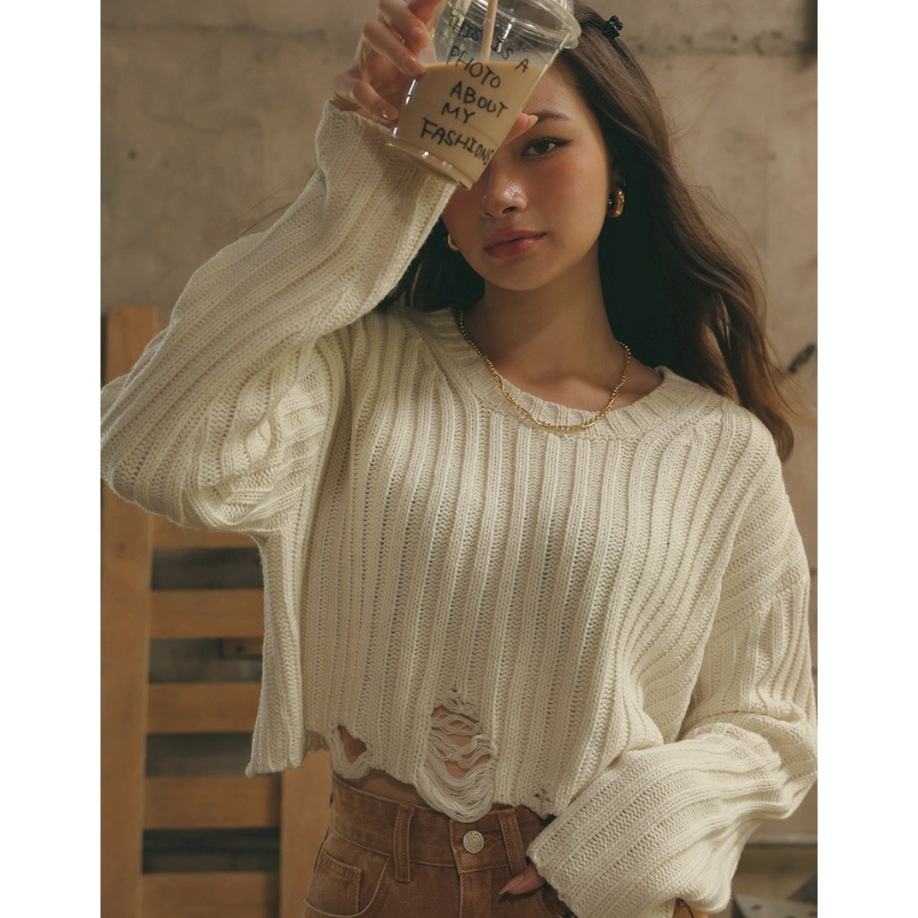 AIR SPACE 破壞感針織短版毛衣(白/酒紅) 女裝 現貨