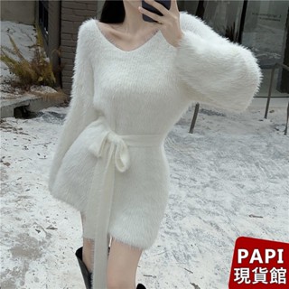 水貂毛腰綁繩毛衣【528】PAPI女裝批發價秋冬新款韓系INS休閒百搭氣質露肩一字領長袖長版針織上衣 針織衫針織毛衣
