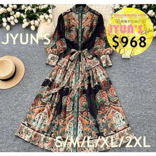 JYUN'S 秋冬新款歐美復古宮廷風立領燈籠袖單排扣印花洋裝女繫帶收腰過膝雪紡裙長袖洋裝大尺碼2色S~2XL預購