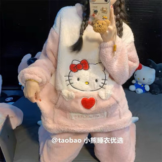 2024秋冬新款kitty珊瑚絨睡衣 加絨加厚圓領休閒家居服
