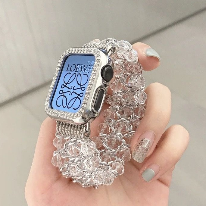 奢華水晶串珠+滿天星錶殼 蘋果錶帶適用iwatch9 AppleWatch876SE單圈彈力錶帶錶鏈