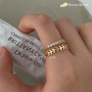 Butter Room 鋯石葉子戒指兩件套 （金/銀） 臺灣出貨免運 細戒 麥穗 開口戒指 食指戒 簡約 百搭 氣質