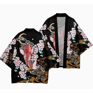 臺灣現貨!日本風櫻花錦鯉羽織 黑色鯉魚外套 祭典外套 藍色鯉魚外套 櫻花日式外套 和風外套 和服外掛 薄外套 和風