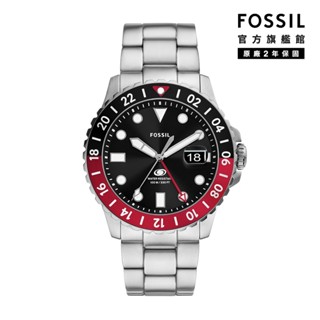 【FOSSIL 官方旗艦館】Fossil Blue 焰紅暗影GMT手錶 銀色不鏽鋼錶帶 46 MM FS6092