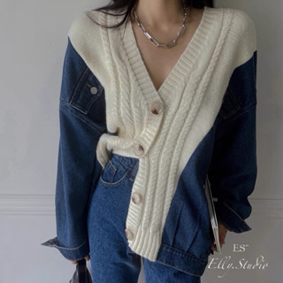 【Elly.Studio】❤️現貨❤️牛仔袖拼接針織外套(藍)撞色麻花上衣