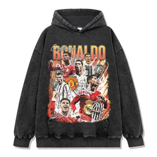 帽T 純棉寬鬆帽T 落肩帽t C羅Cristiano Ronaldo足球印花圖案水洗長袖圓領連帽衛衣 潮流 街頭 創意