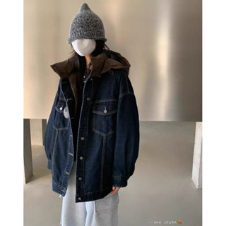敲敲🌱 休閒質感密碼 高充量羽絨忘憂藏藍色 牛仔撞色連帽羽絨外套 顯瘦實拍 代購