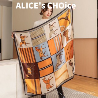 ALICE's CHOice 110cm模擬絲大方巾女 歐美風卡通木馬印花絲巾 夏季出遊防曬披肩 臺灣出貨 圍巾
