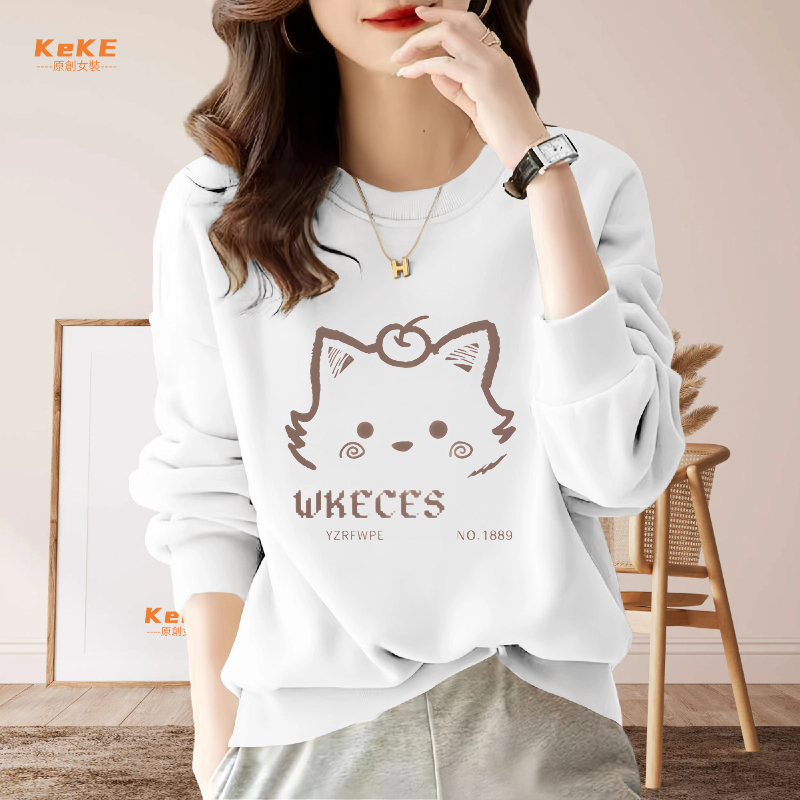 重磅500g貓咪印花 顯瘦衛衣大尺碼大學t 純色大學T 寬鬆大學T 灰色大學T 刷毛衛衣圓領大學T黑色大學tD113A