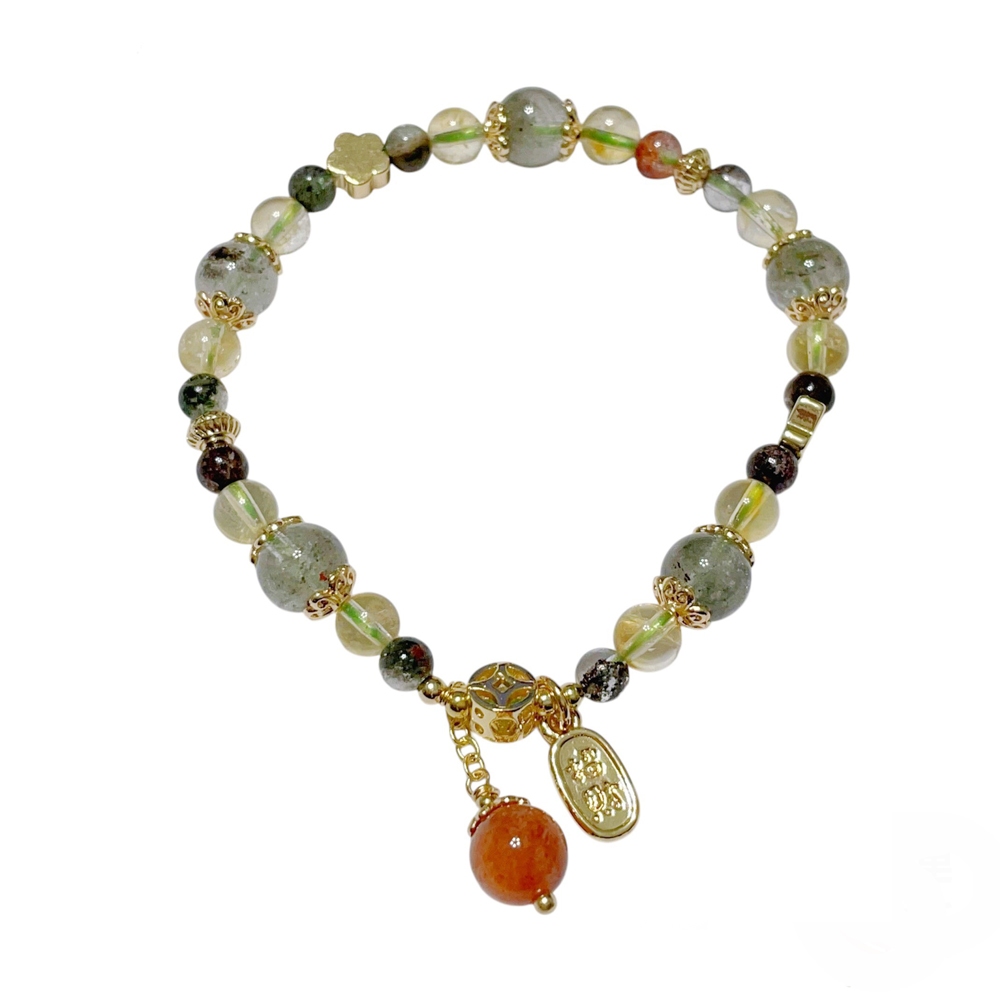 【A1寶石】黃水晶綠幽靈金太陽手鍊-同鈦晶手排招財開運愛情貴人運能量