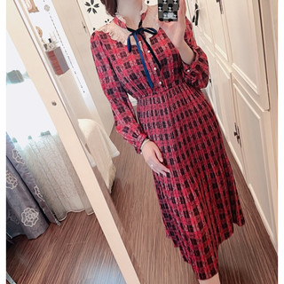 百貨專櫃正韓國貨Korea棗紅色復古典雅經典格紋法式女伶優雅蕾絲荷葉邊透肌蝴蝶結收腰百褶長群珍珠繡釦古典公主肩抓褶長洋裝