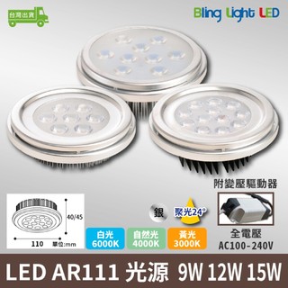 ◎Bling Light LED◎LED AR111光源 軌道燈/盒燈專用光源，聚光，9W/12W/15W，銀色