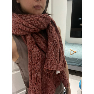 muji 無印良品針織大圍巾 披肩 雪花紅色 麻花編織 180cm*42cm 超大 很保暖