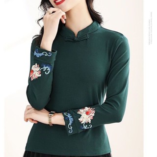 復古中式國風民族長袖T恤春秋冬刺繡女裝旗袍上衣新款繡花打底衫