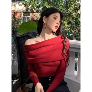 YG-服飾 女生毛衣 一字領露肩毛衣女 紅色打底衫 女生針織上衣 高階感 修身 內搭 加厚 保暖 女生大碼毛衣 針織衫女