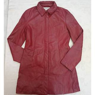 🌈ESPRIT 真皮大衣 長版皮衣外套 紅色二手真皮風衣 羊皮 Genuine Leather 長版皮大衣