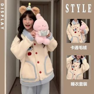 Lam 睡衣 居家服 韓版睡衣 保暖睡衣 卡通睡衣 女生睡衣 長袖長褲 珊瑚絨睡衣女 冬季 加厚加絨 睡衣套裝 可外穿