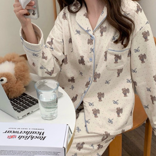 HWSP🏹臺灣現貨♡牽手小熊～韓國刷毛睡衣🧸🎀蝴蝶結 刷毛 睡衣 冬天 厚 居家服 韓國 小熊 熊 長褲 長袖 絨毛