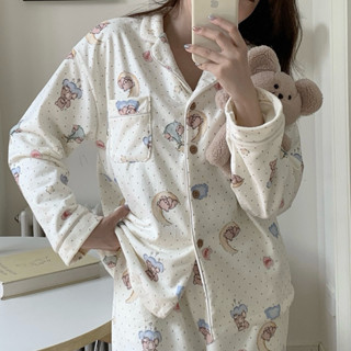 HWSP🏹臺灣現貨♡韓國晚安熊刷毛睡衣🌙 刷毛 睡衣 冬天 厚 居家服 韓國 小熊 熊 長褲 長袖 絨毛 保暖