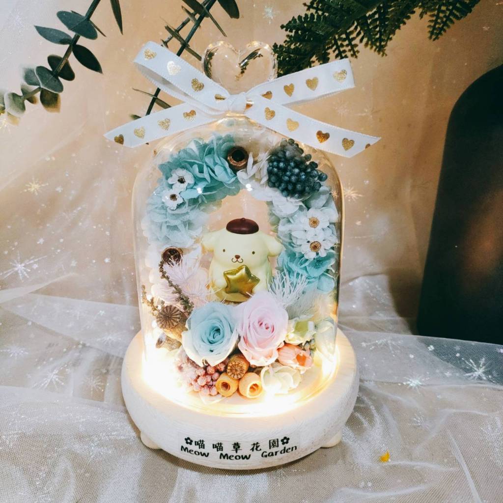 🌼🌸喵喵草花園🌻🌺🌸布丁狗♥️永生花玻璃花盅｜節日禮物｜小夜燈 永生花 不凋花