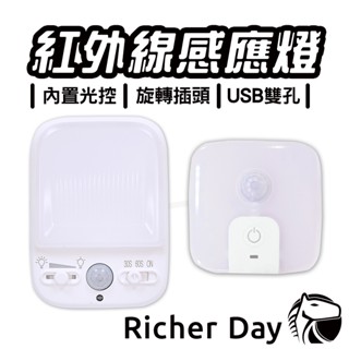 明沛 感應燈 LED紅外線感應燈 USB雙孔供電 BSMI 黃光 白光 亮度可調 旋轉插座 保固