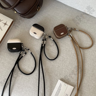 ins 復古純色皮質 鼓包防丟手繩 斜背掛繩Airpods Pro2皮質套 1/2/3/4代 蘋果無線藍牙耳機防摔保護殼