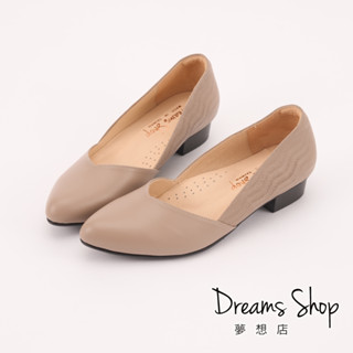 DREAMS SHOP 寬楦 MIT真皮壓紋拼接尖頭低跟鞋 芋粉【XJ1015-3】大尺碼女鞋37-45