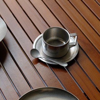 隔壁鄰居｜復古嶼光不銹鋼咖啡杯 不鏽鋼杯碟 露營杯 露營 野餐 野營 摺疊手把杯 隨手杯
