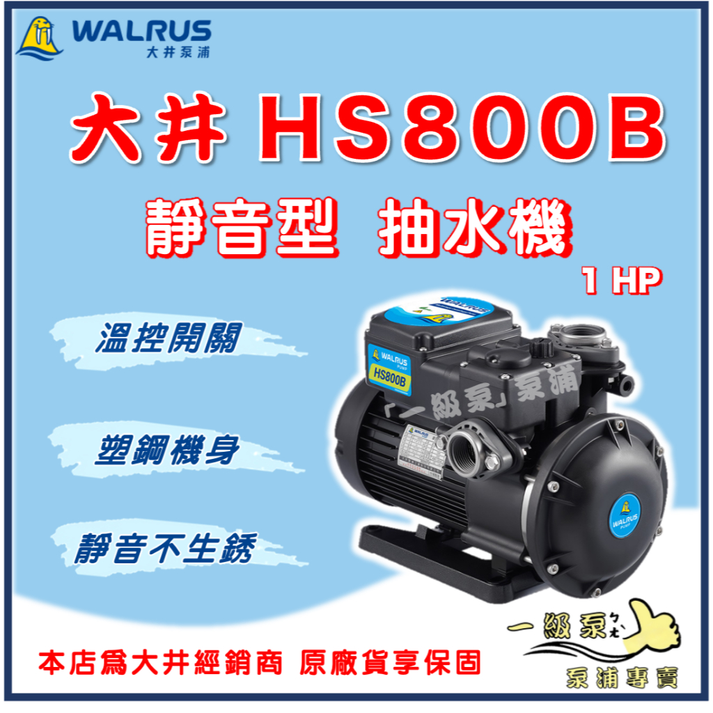 ❗最便宜❗【一級泵】🌸保固2年🌸 大井 HS800B 1HP 靜音抽水機 抗菌 不生銹 白鐵葉輪 HS800