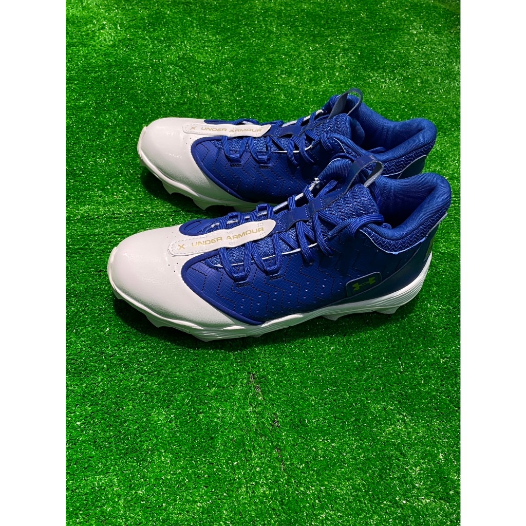 棒球世界 Men's UA Harper 9 Mid RM 棒壘球鞋中筒膠釘白藍配色特價3027442 103