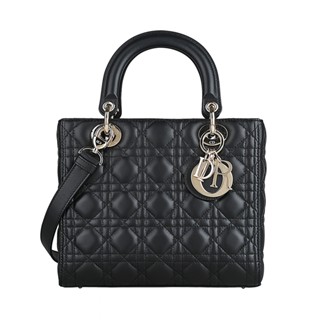 Dior 經典Lady Dior淡金吊墜字母LOGO幾何圖案縫線紋設計小羊皮手提斜揹包(黑)