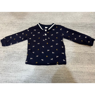 （二手）Cottoli 小木馬 正品 深藍色印花Polo衫 長袖上衣 嬰幼兒 （尺寸90偏小約85）