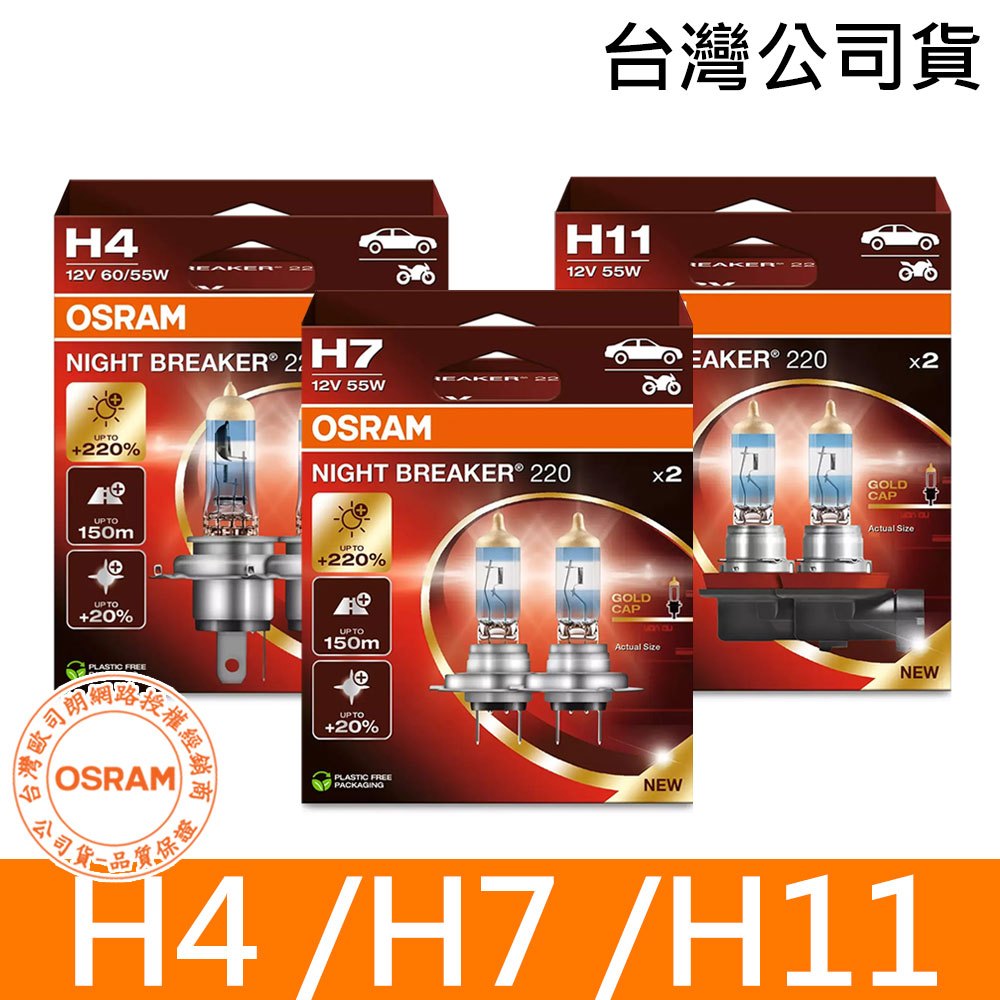 OSRAM歐司朗 H4/H7/H11 加亮220%汽車燈泡 2入/組 台灣公司貨NIGHT BREAKER 220